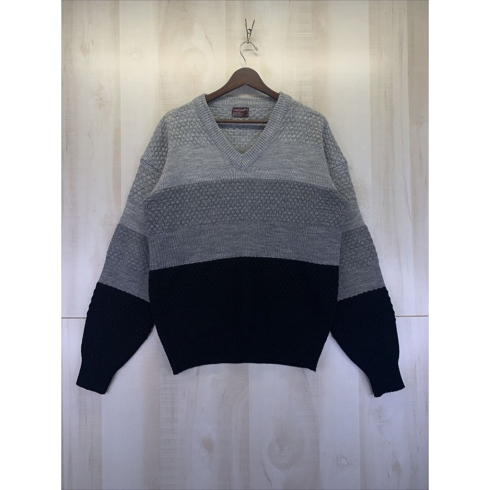 Vintage Kingsport Gray Black Knit V Neck Mens Sweater XL-9807